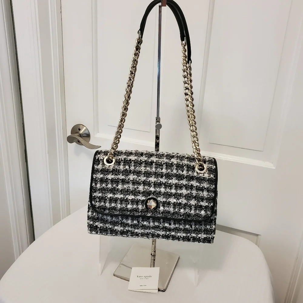 EUC Kate Spade Natalia Black & White Tweed Flap Close Crossbody/Shoulder Bag